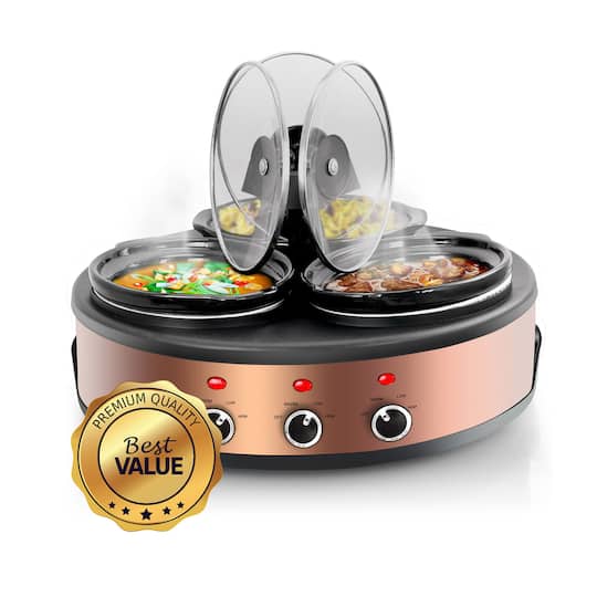 MegaChef Brushed Copper & Black Round Triple 1.5qt. Slow Cooker & Buffet Server Finish With 3 Ceramic Cooking Pots & Removable Lid Rests